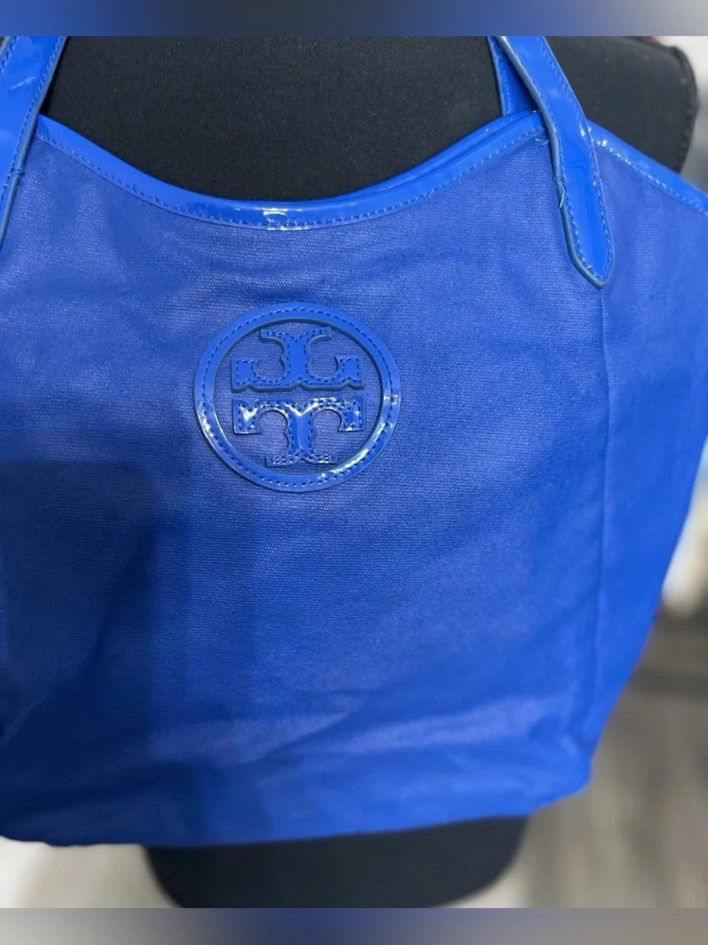 Tory Burch Ella Nylon Large 13”x12”- Blue Patent Leather Trim EUC